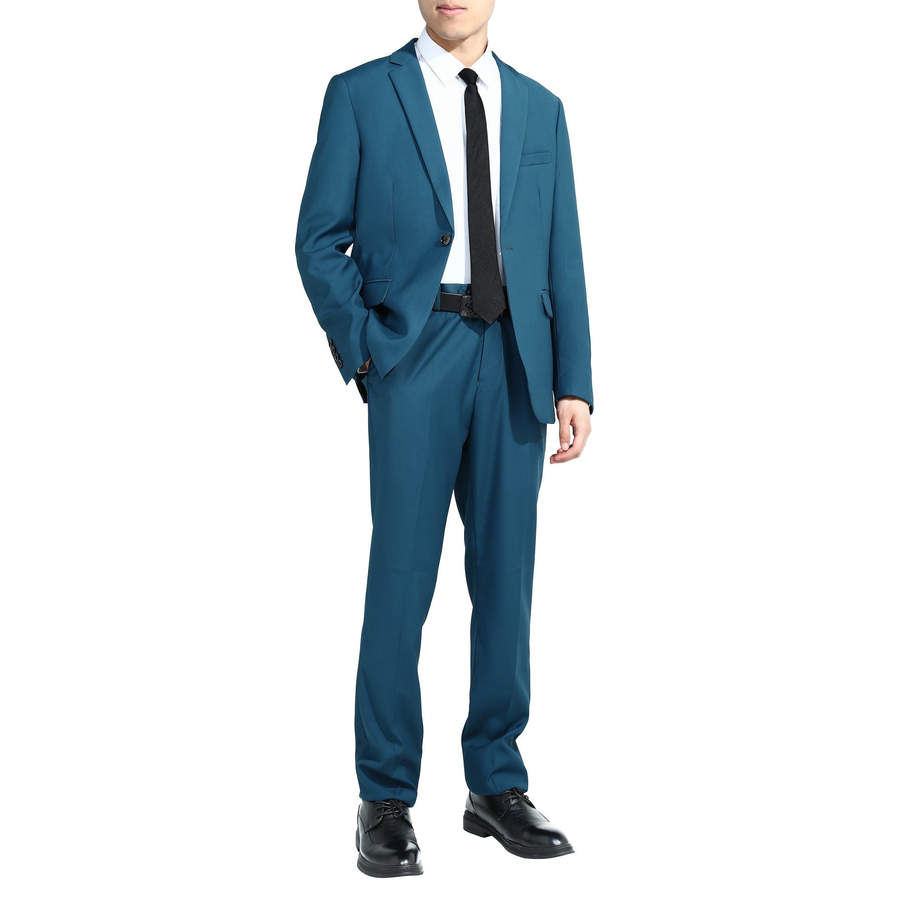 Blue # Men's slim fit 2-piece suit with one-button closure and classic modern design, blue formal blazer jacket with matching flat-front trousers, premium polyester viscose blend suit for business, wedding, office and daily wear, isolated on white background.