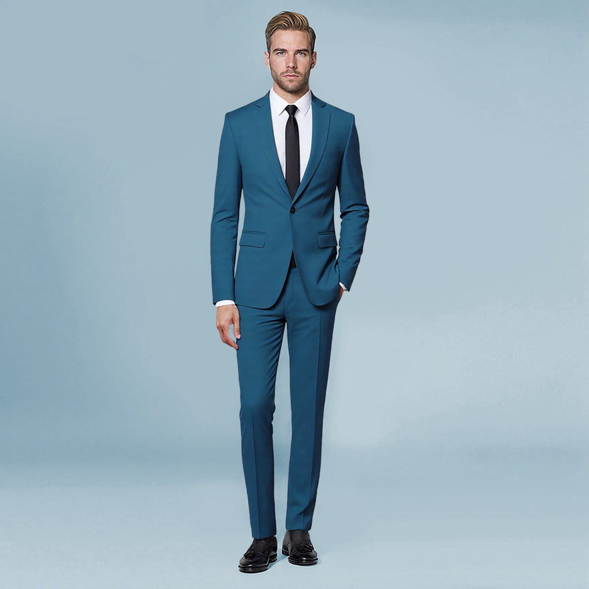 Blue # Men's slim fit 2-piece suit with one-button closure and classic modern design, blue formal blazer jacket with matching flat-front trousers, premium polyester viscose blend suit for business, wedding, office and daily wear, isolated on white background.