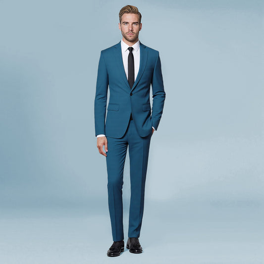 Blue # Men's slim fit 2-piece suit with one-button closure and classic modern design, blue formal blazer jacket with matching flat-front trousers, premium polyester viscose blend suit for business, wedding, office and daily wear, isolated on white background.