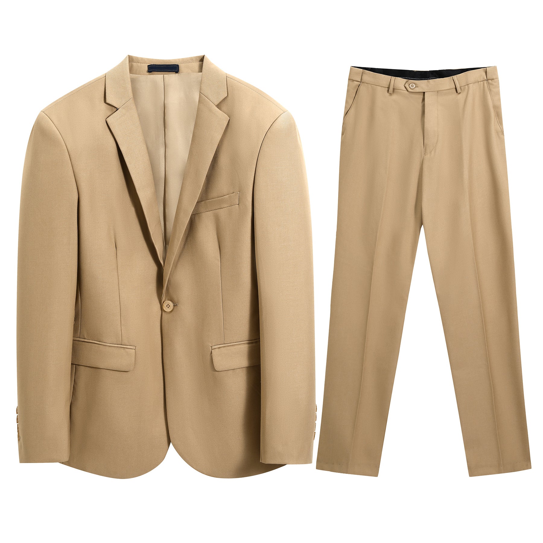 Khaki # Men's slim fit 2-piece suit with one-button closure, khaki formal blazer jacket with matching flat-front trousers, premium polyester viscose blend fabric for business, office, wedding and daily wear, isolated on white background.