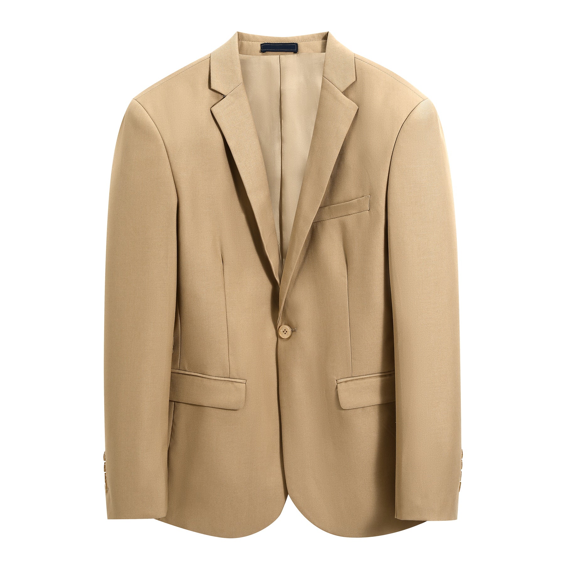 Khaki # Men's slim fit 2-piece suit with one-button closure, khaki formal blazer jacket with matching flat-front trousers, premium polyester viscose blend fabric for business, office, wedding and daily wear, isolated on white background.