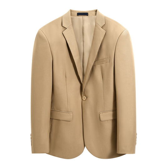 Khaki # Men's slim fit 2-piece suit with one-button closure, khaki formal blazer jacket with matching flat-front trousers, premium polyester viscose blend fabric for business, office, wedding and daily wear, isolated on white background.