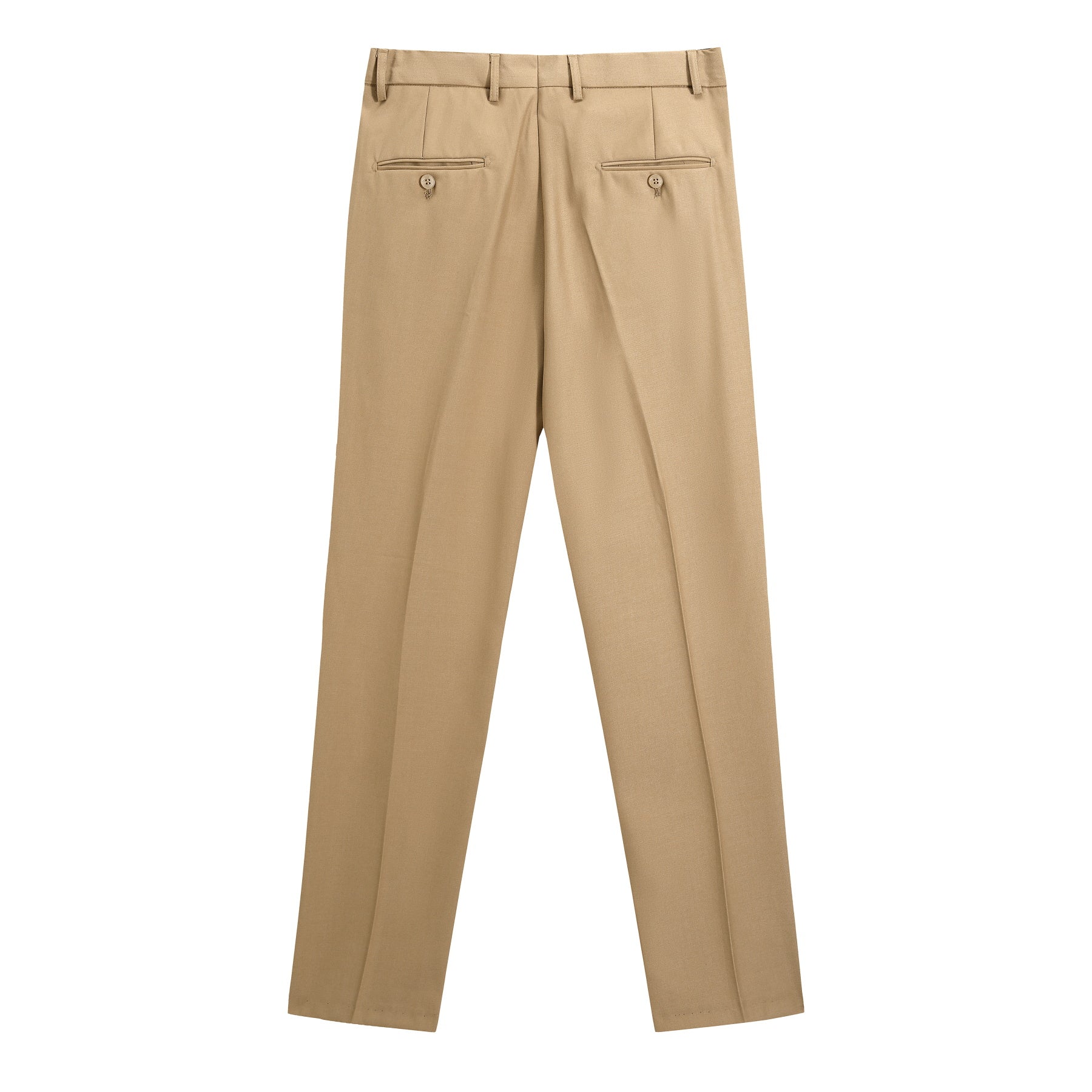 Khaki # Men's slim fit 2-piece suit with one-button closure, khaki formal blazer jacket with matching flat-front trousers, premium polyester viscose blend fabric for business, office, wedding and daily wear, isolated on white background.
