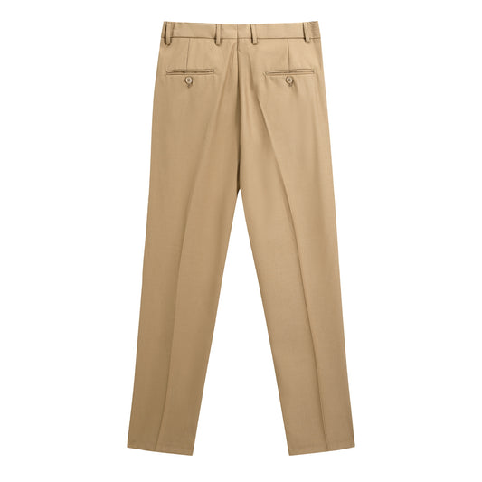 Khaki # Men's slim fit 2-piece suit with one-button closure, khaki formal blazer jacket with matching flat-front trousers, premium polyester viscose blend fabric for business, office, wedding and daily wear, isolated on white background.