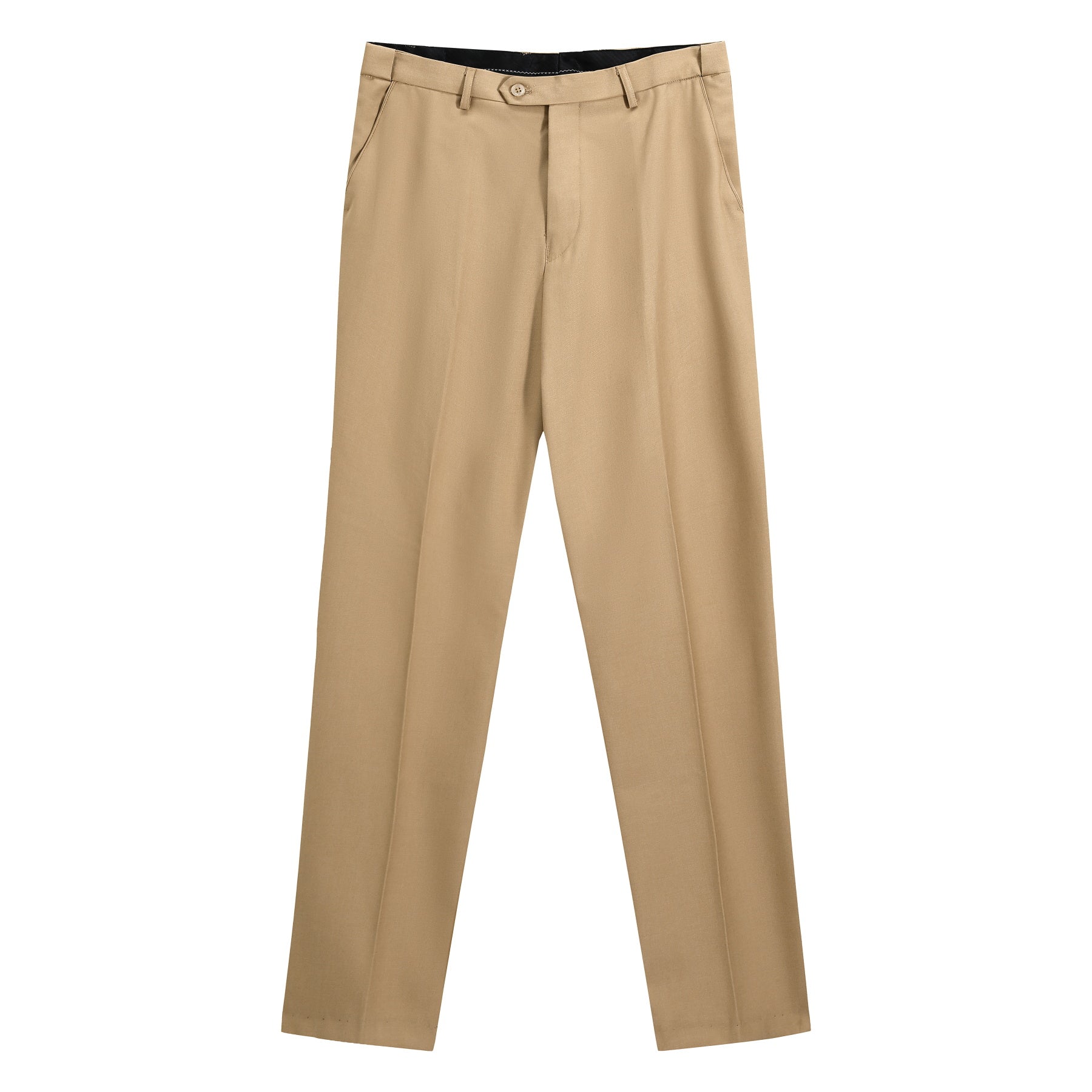 Khaki # Men's slim fit 2-piece suit with one-button closure, khaki formal blazer jacket with matching flat-front trousers, premium polyester viscose blend fabric for business, office, wedding and daily wear, isolated on white background.