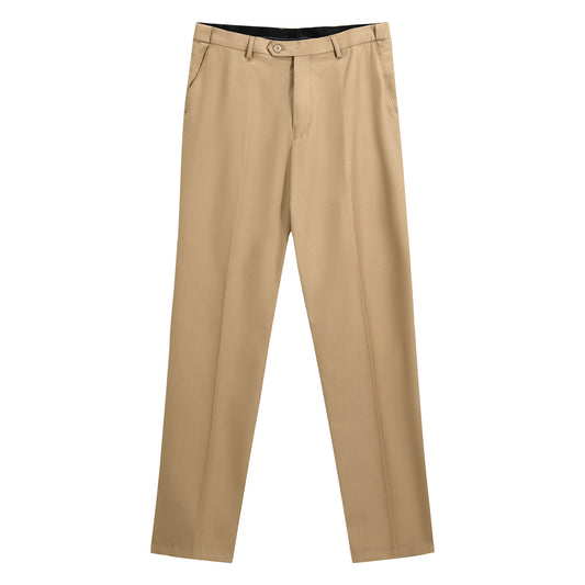 Khaki # Men's slim fit 2-piece suit with one-button closure, khaki formal blazer jacket with matching flat-front trousers, premium polyester viscose blend fabric for business, office, wedding and daily wear, isolated on white background.