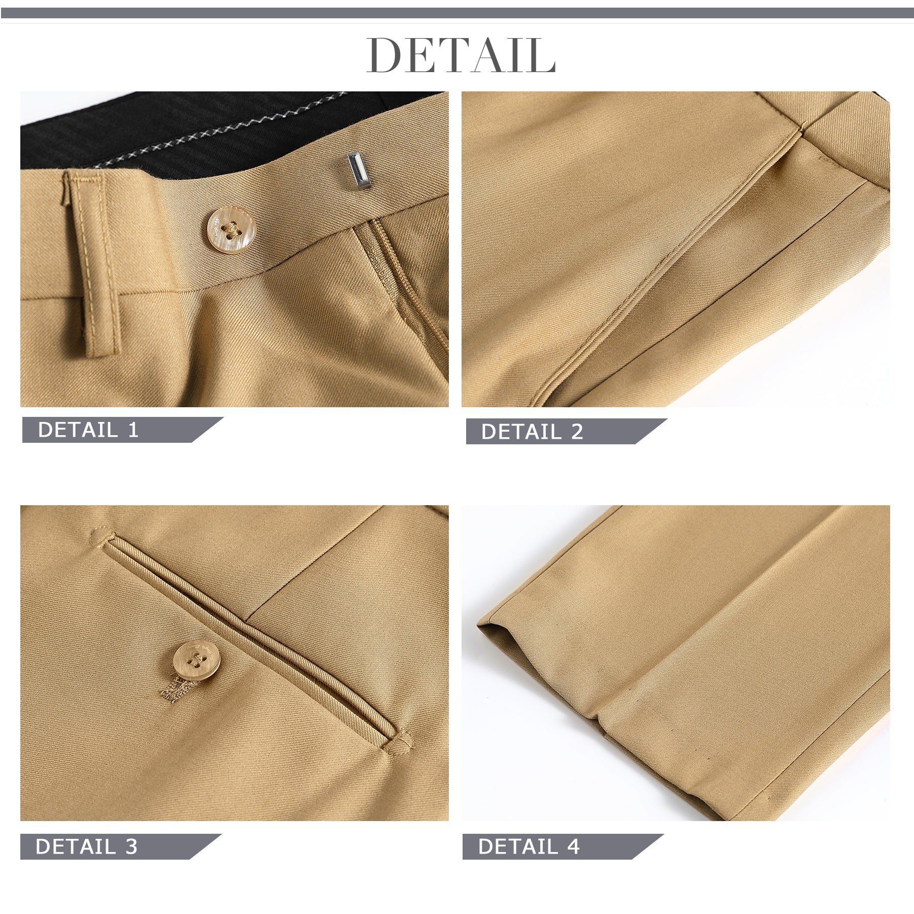 Khaki # Men's slim fit 2-piece suit with one-button closure, khaki formal blazer jacket with matching flat-front trousers, premium polyester viscose blend fabric for business, office, wedding and daily wear, isolated on white background.