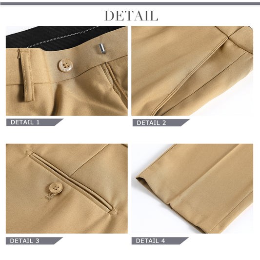 Khaki # Men's slim fit 2-piece suit with one-button closure, khaki formal blazer jacket with matching flat-front trousers, premium polyester viscose blend fabric for business, office, wedding and daily wear, isolated on white background.
