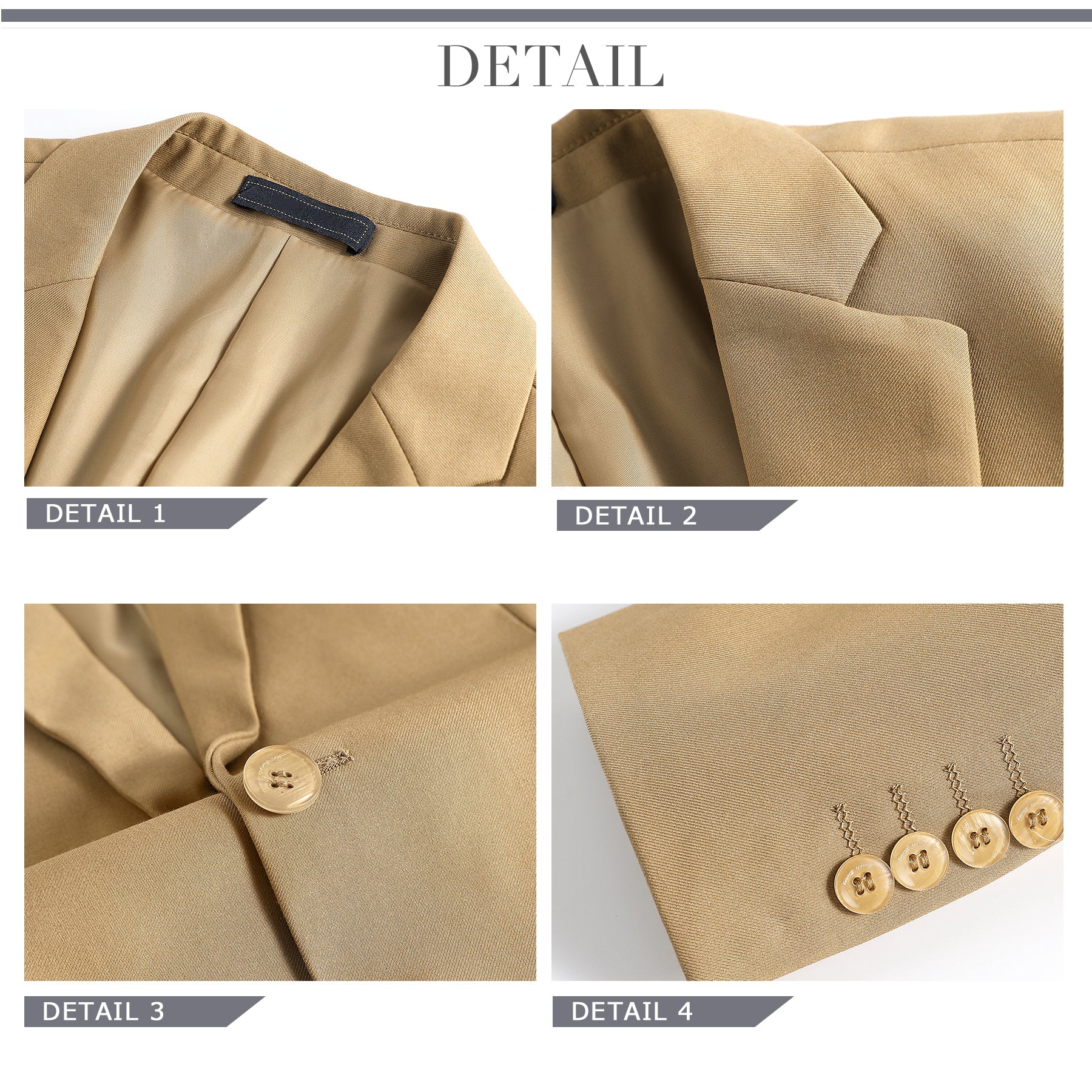 Khaki # Men's slim fit 2-piece suit with one-button closure, khaki formal blazer jacket with matching flat-front trousers, premium polyester viscose blend fabric for business, office, wedding and daily wear, isolated on white background.