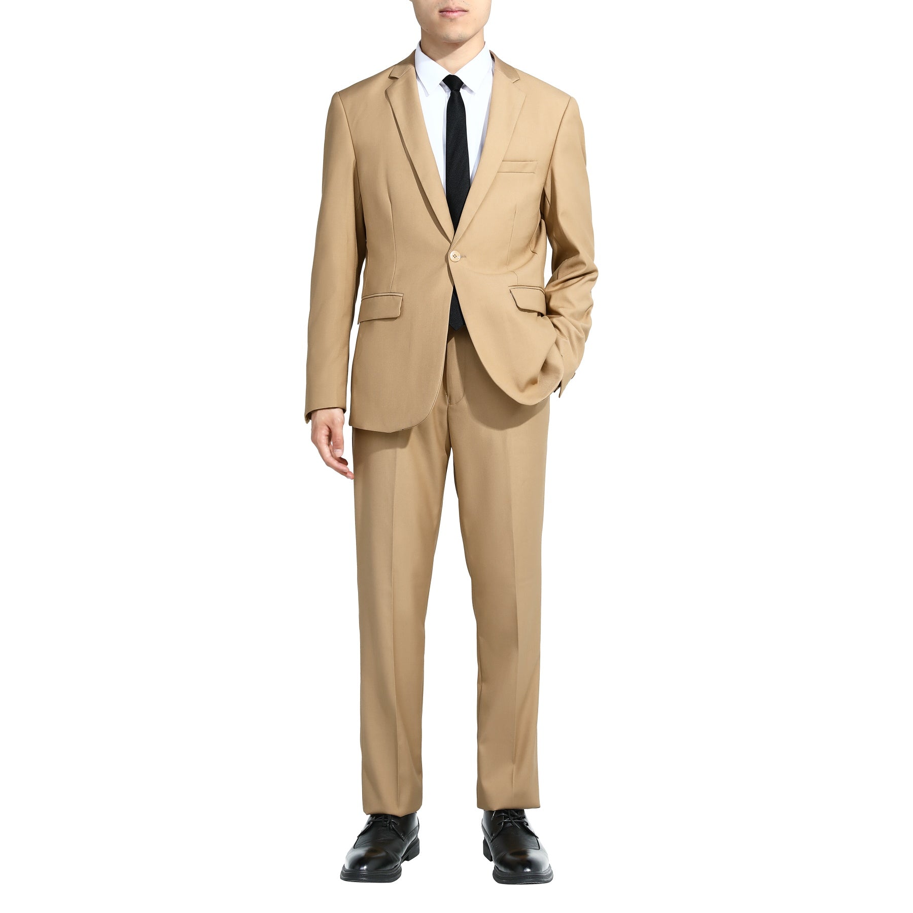 Khaki # Men's slim fit 2-piece suit with one-button closure, khaki formal blazer jacket with matching flat-front trousers, premium polyester viscose blend fabric for business, office, wedding and daily wear, isolated on white background.