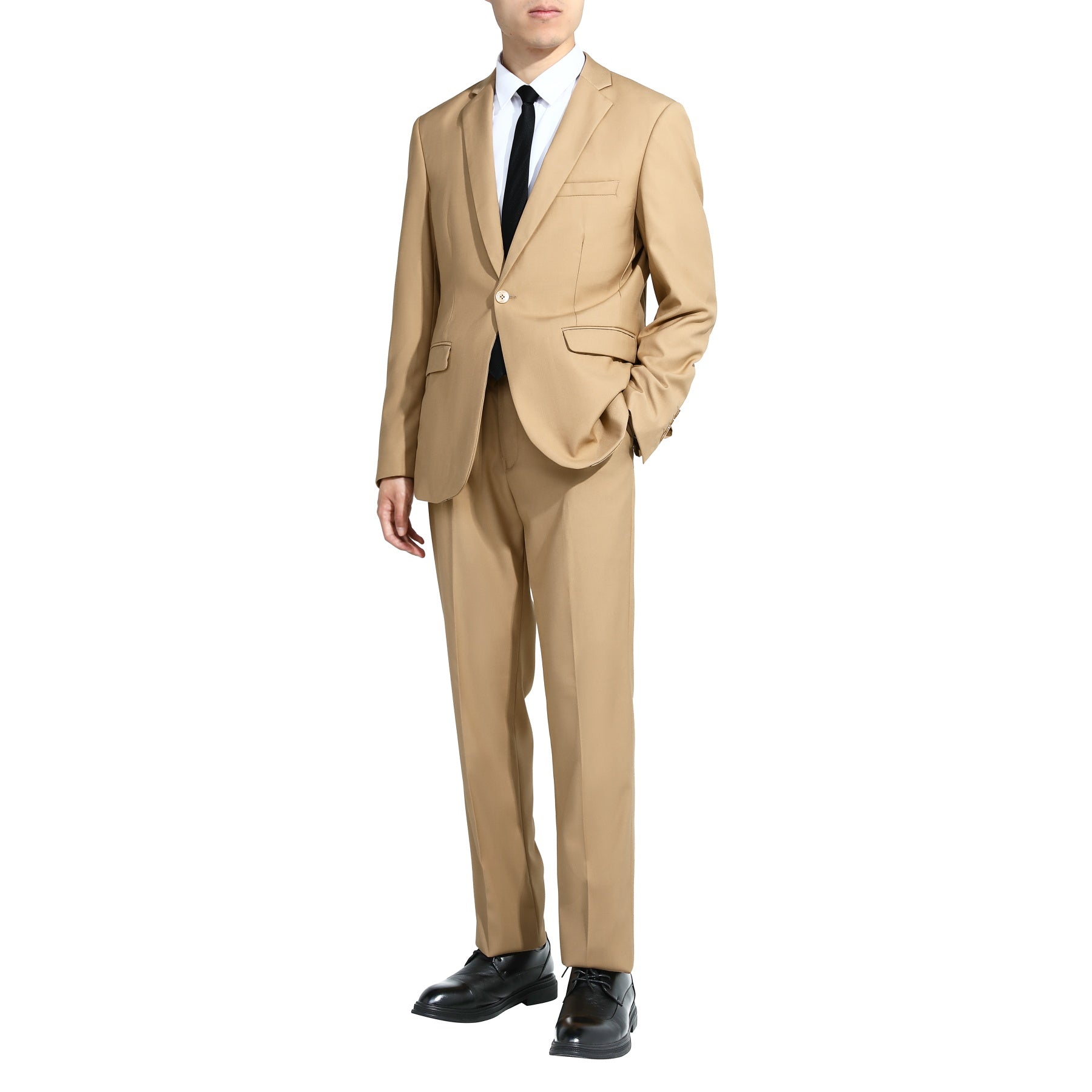 2-Piece Khaki Suit One Button Suit - CloKhaki # Men's slim fit 2-piece suit with one-button closure, khaki formal blazer jacket with matching flat-front trousers, premium polyester viscose blend fabric for business, office, wedding and daily wear, isolated on white background.