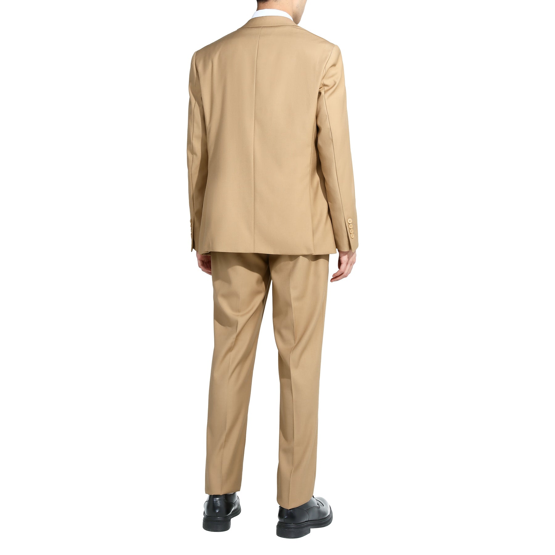 Khaki # Men's slim fit 2-piece suit with one-button closure, khaki formal blazer jacket with matching flat-front trousers, premium polyester viscose blend fabric for business, office, wedding and daily wear, isolated on white background.