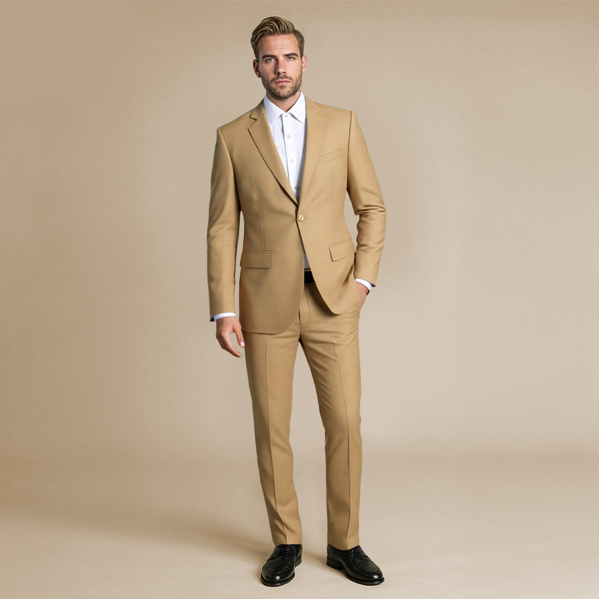 Khaki # Men's slim fit 2-piece suit with one-button closure, khaki formal blazer jacket with matching flat-front trousers, premium polyester viscose blend fabric for business, office, wedding and daily wear, isolated on white background.