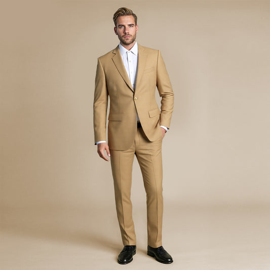 Khaki # Men's slim fit 2-piece suit with one-button closure, khaki formal blazer jacket with matching flat-front trousers, premium polyester viscose blend fabric for business, office, wedding and daily wear, isolated on white background.