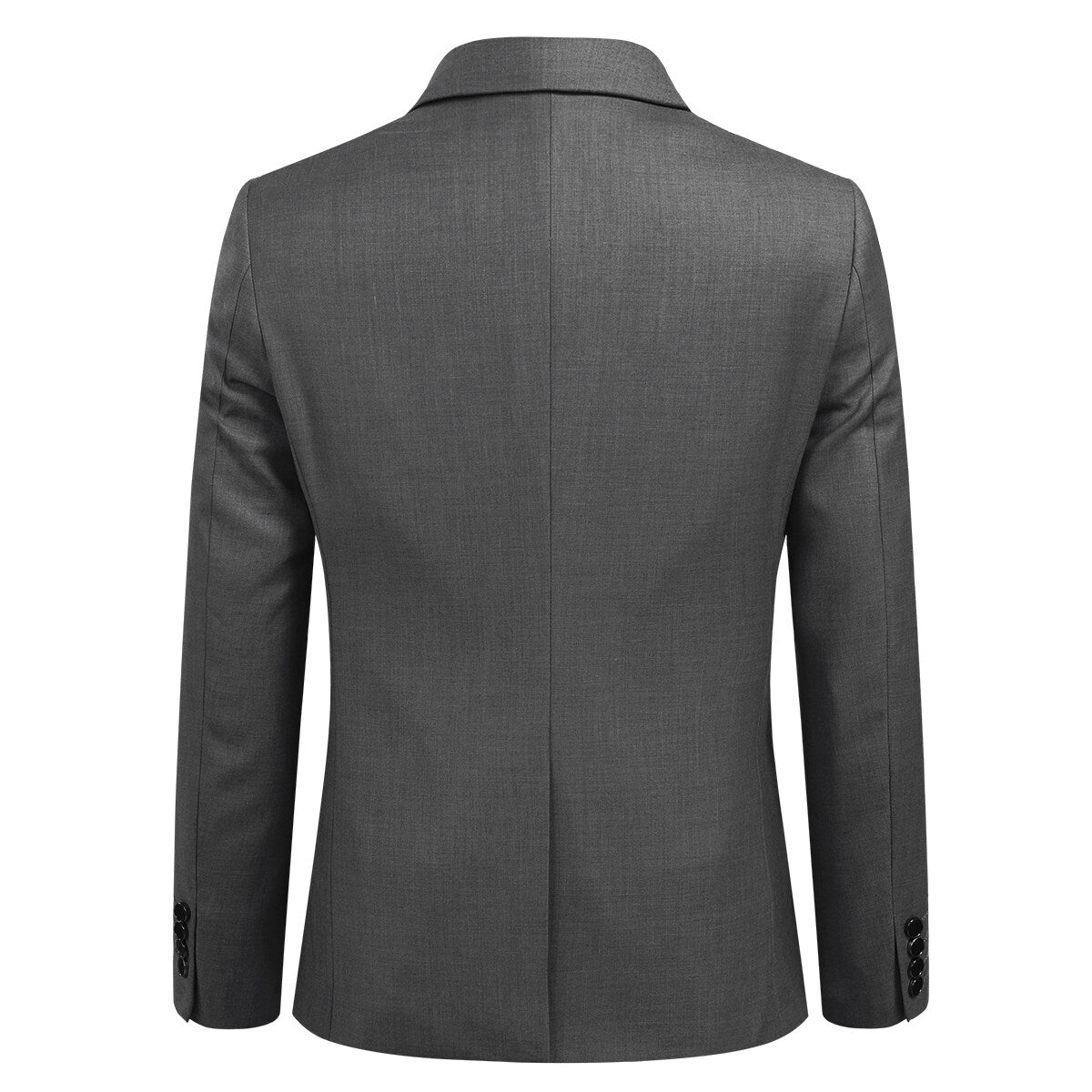Dark Grey # Men's slim fit 2-piece simple designed suit with peaked lapel and button closure, dark grey formal blazer jacket with four-button cuffs and matching flat-front trousers with extended waist strap and slanted side pockets, elegant polyester viscose blend suit for business, office, wedding and daily wear, isolated on white background.