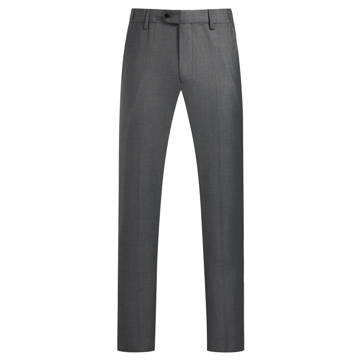 Dark Grey # Men's slim fit 2-piece simple designed suit with peaked lapel and button closure, dark grey formal blazer jacket with four-button cuffs and matching flat-front trousers with extended waist strap and slanted side pockets, elegant polyester viscose blend suit for business, office, wedding and daily wear, isolated on white background.