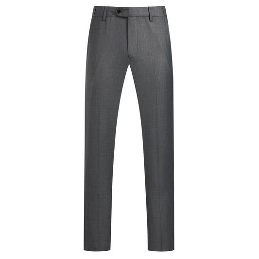 Dark Grey # Men's slim fit 2-piece simple designed suit with peaked lapel and button closure, dark grey formal blazer jacket with four-button cuffs and matching flat-front trousers with extended waist strap and slanted side pockets, elegant polyester viscose blend suit for business, office, wedding and daily wear, isolated on white background.