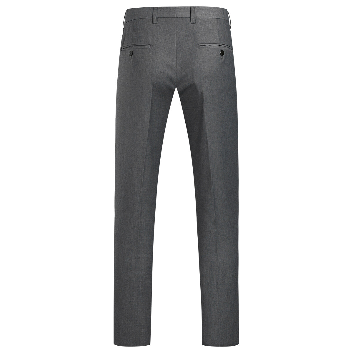 Dark Grey # Men's slim fit 2-piece simple designed suit with peaked lapel and button closure, dark grey formal blazer jacket with four-button cuffs and matching flat-front trousers with extended waist strap and slanted side pockets, elegant polyester viscose blend suit for business, office, wedding and daily wear, isolated on white background.