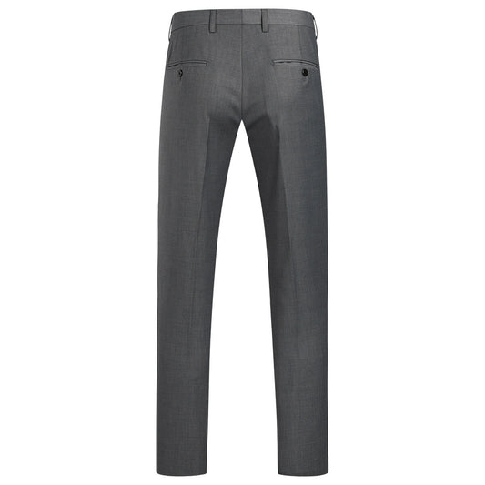 Dark Grey # Men's slim fit 2-piece simple designed suit with peaked lapel and button closure, dark grey formal blazer jacket with four-button cuffs and matching flat-front trousers with extended waist strap and slanted side pockets, elegant polyester viscose blend suit for business, office, wedding and daily wear, isolated on white background.