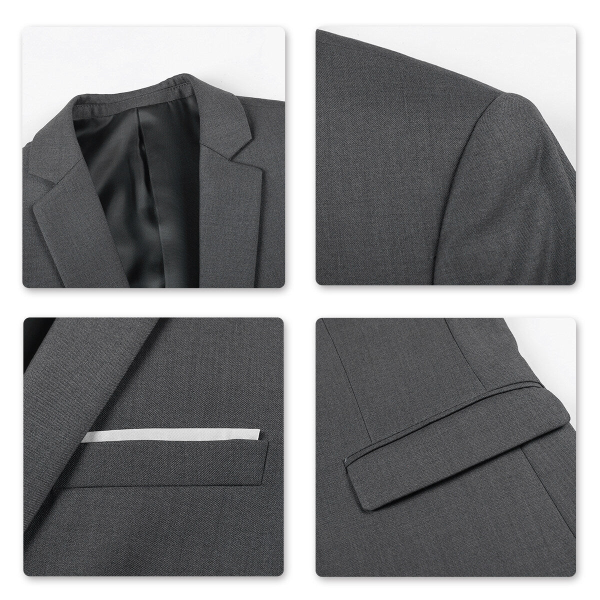 Dark Grey # Men's slim fit 2-piece simple designed suit with peaked lapel and button closure, dark grey formal blazer jacket with four-button cuffs and matching flat-front trousers with extended waist strap and slanted side pockets, elegant polyester viscose blend suit for business, office, wedding and daily wear, isolated on white background.