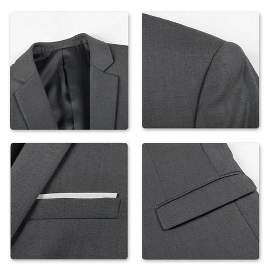Dark Grey # Men's slim fit 2-piece simple designed suit with peaked lapel and button closure, dark grey formal blazer jacket with four-button cuffs and matching flat-front trousers with extended waist strap and slanted side pockets, elegant polyester viscose blend suit for business, office, wedding and daily wear, isolated on white background.