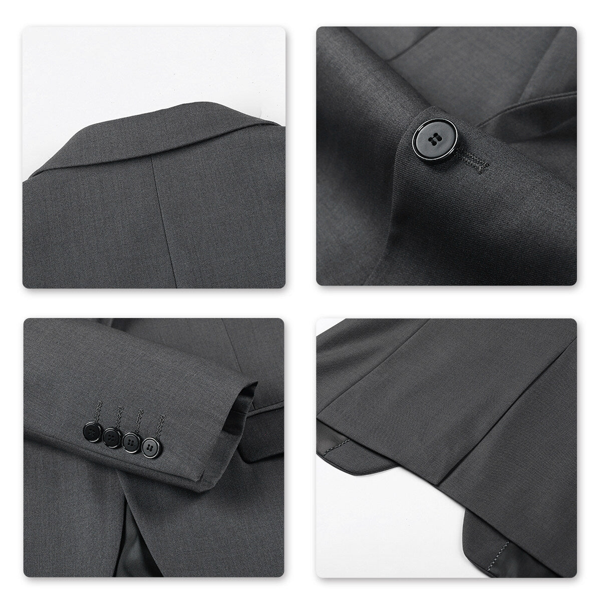 Dark Grey # Men's slim fit 2-piece simple designed suit with peaked lapel and button closure, dark grey formal blazer jacket with four-button cuffs and matching flat-front trousers with extended waist strap and slanted side pockets, elegant polyester viscose blend suit for business, office, wedding and daily wear, isolated on white background.