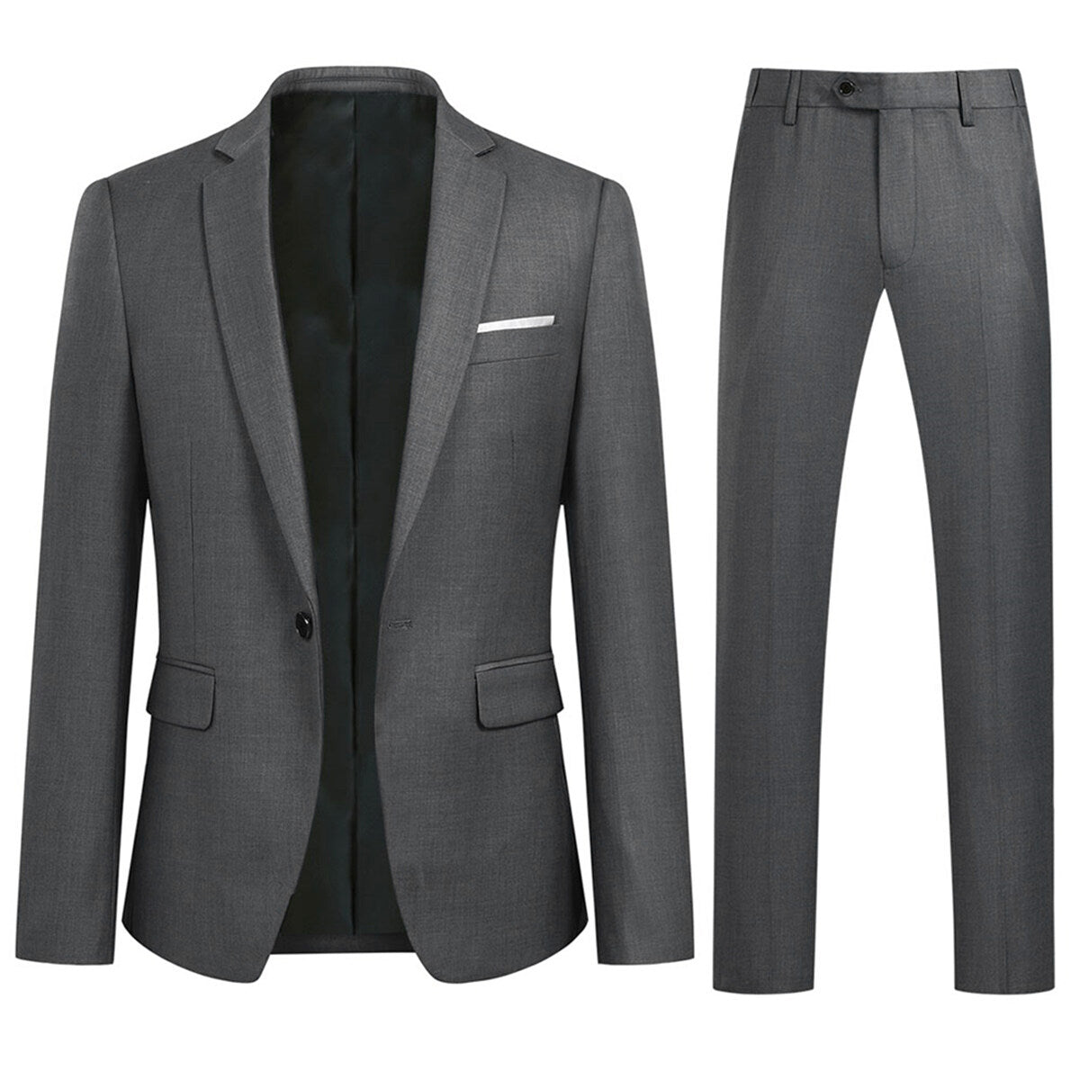 Dark Grey # Men's slim fit 2-piece simple designed suit with peaked lapel and button closure, dark grey formal blazer jacket with four-button cuffs and matching flat-front trousers with extended waist strap and slanted side pockets, elegant polyester viscose blend suit for business, office, wedding and daily wear, isolated on white background.
