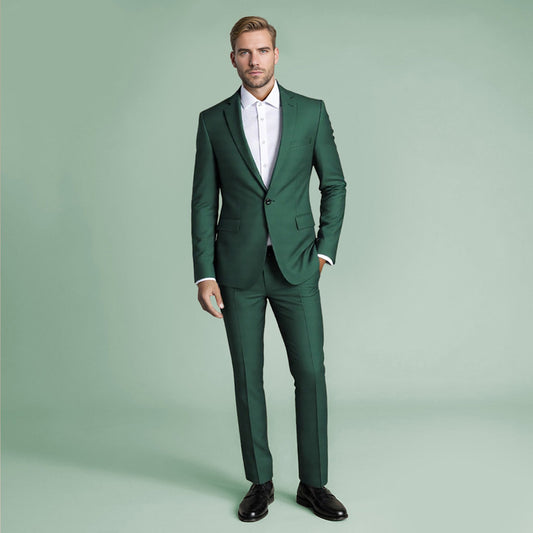 Green # Men's slim fit 2-piece casual suit with peaked lapel and button closure, green formal blazer jacket with four-button cuffs and matching flat-front trousers with extended waist strap, elegant polyester blend suit for business, office, wedding and daily wear, isolated on white background.