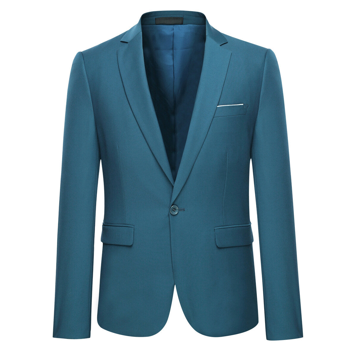 Sea Blue # Men's slim fit 2-piece suit with peaked lapel and simple elegant design, sea blue formal blazer jacket with four-button cuffs and matching flat-front trousers with extended waist strap for business, office, wedding and daily wear, isolated on white background.