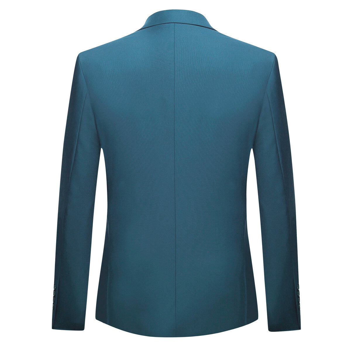 Sea Blue # Men's slim fit 2-piece suit with peaked lapel and simple elegant design, sea blue formal blazer jacket with four-button cuffs and matching flat-front trousers with extended waist strap for business, office, wedding and daily wear, isolated on white background.