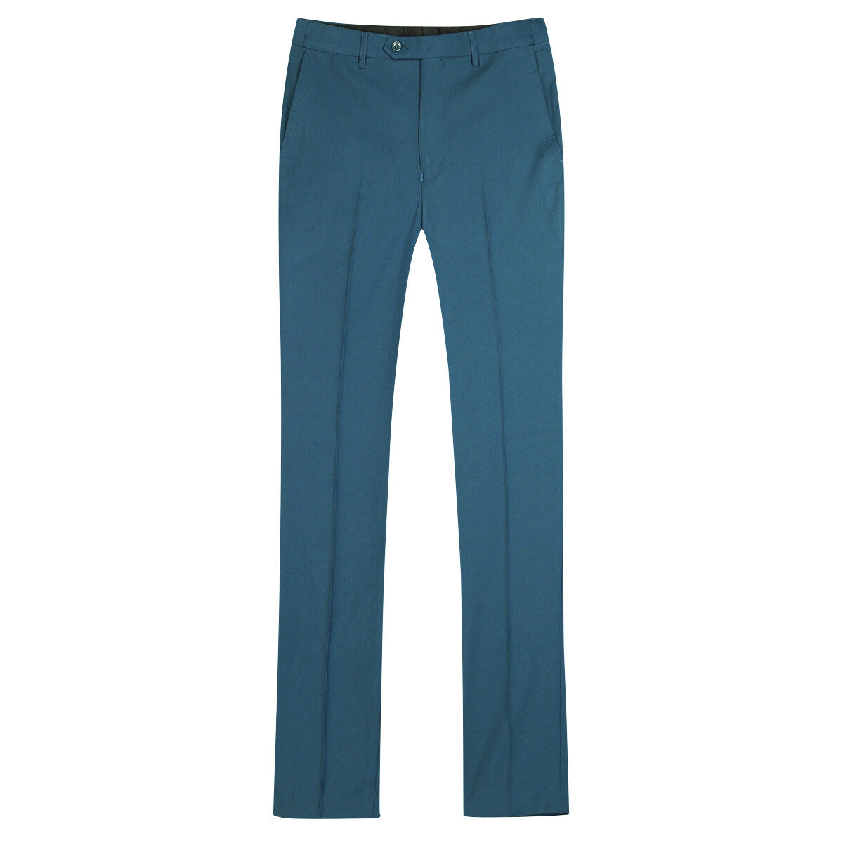 Sea Blue # Men's slim fit 2-piece suit with peaked lapel and simple elegant design, sea blue formal blazer jacket with four-button cuffs and matching flat-front trousers with extended waist strap for business, office, wedding and daily wear, isolated on white background.