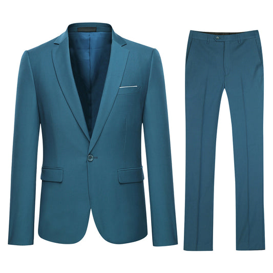 Sea Blue # Men's slim fit 2-piece suit with peaked lapel and simple elegant design, sea blue formal blazer jacket with four-button cuffs and matching flat-front trousers with extended waist strap for business, office, wedding and daily wear, isolated on white background.
