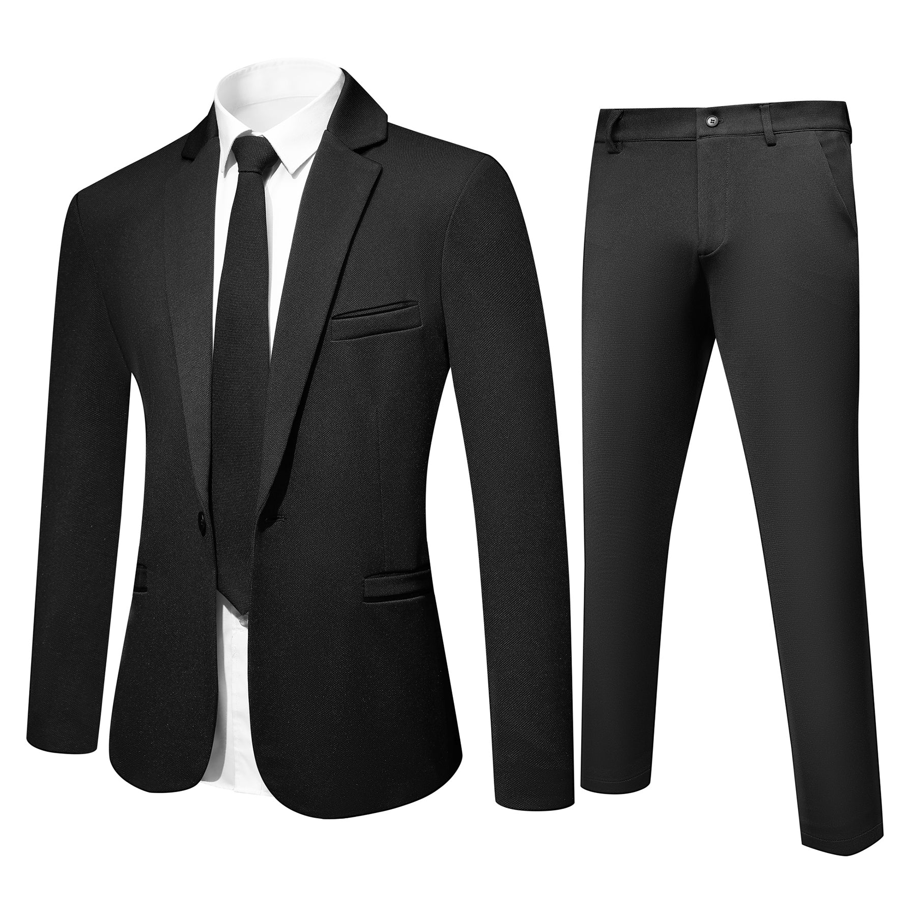 Black # Men's slim fit 2-piece single-breasted suit with button closure, solid black formal blazer jacket with matching trousers, stretch polyester viscose blend fabric for business, office, wedding, prom and daily wear, isolated on white background.