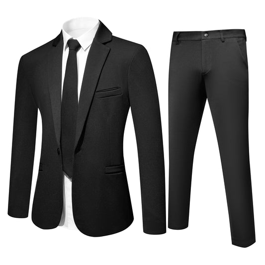 Black # Men's slim fit 2-piece single-breasted suit with button closure, solid black formal blazer jacket with matching trousers, stretch polyester viscose blend fabric for business, office, wedding, prom and daily wear, isolated on white background.