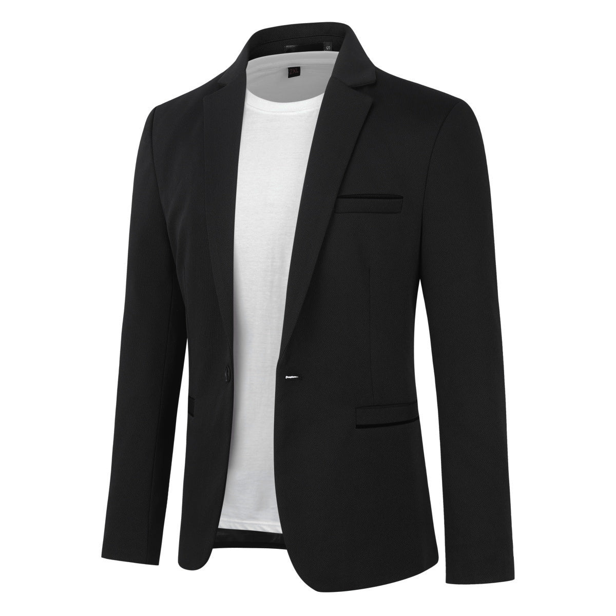 Black # Men's slim fit 2-piece single-breasted suit with button closure, solid black formal blazer jacket with matching trousers, stretch polyester viscose blend fabric for business, office, wedding, prom and daily wear, isolated on white background.