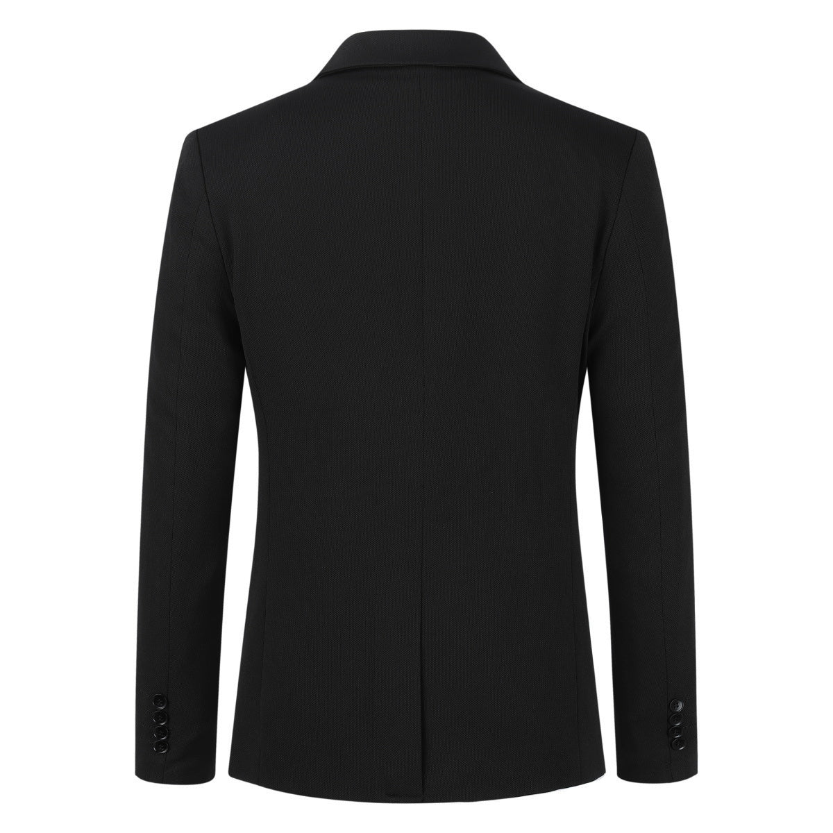 Black # Men's slim fit 2-piece single-breasted suit with button closure, solid black formal blazer jacket with matching trousers, stretch polyester viscose blend fabric for business, office, wedding, prom and daily wear, isolated on white background.