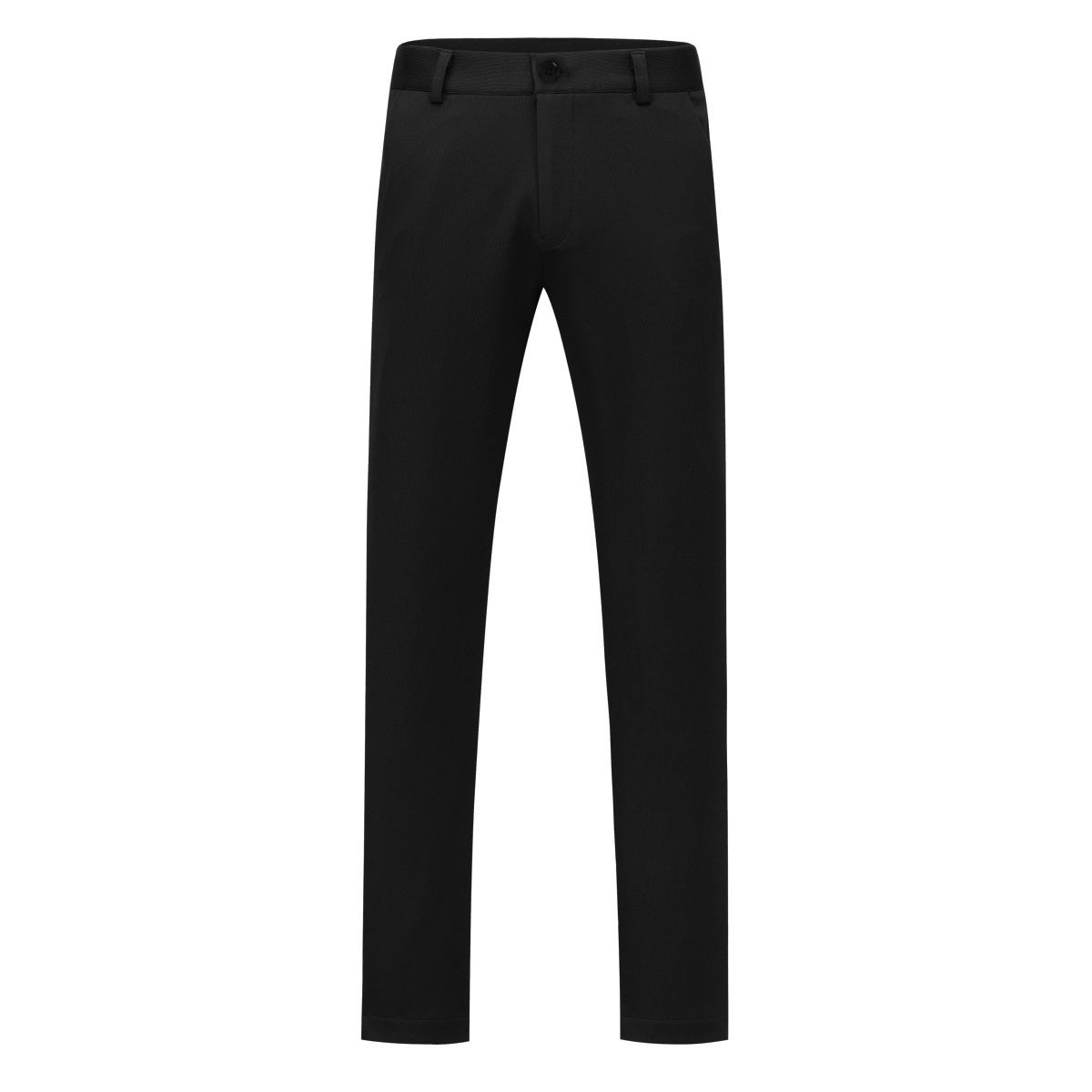 Black # Men's slim fit 2-piece single-breasted suit with button closure, solid black formal blazer jacket with matching trousers, stretch polyester viscose blend fabric for business, office, wedding, prom and daily wear, isolated on white background.