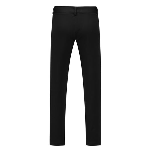 Black # Men's slim fit 2-piece single-breasted suit with button closure, solid black formal blazer jacket with matching trousers, stretch polyester viscose blend fabric for business, office, wedding, prom and daily wear, isolated on white background.