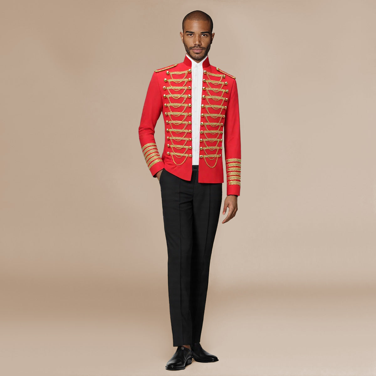 Red # Men's slim fit 2-piece luxury suit with stand collar and sequin decoration, red formal blazer jacket with gold chain front detailing and exquisite shoulder embellishment, breathable premium polyester suit that shines under light for party, prom, wedding and special events, isolated on white background.