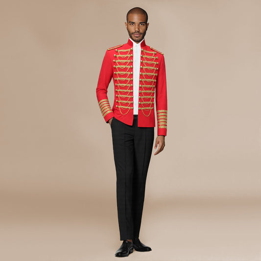 Red # Men's slim fit 2-piece luxury suit with stand collar and sequin decoration, red formal blazer jacket with gold chain front detailing and exquisite shoulder embellishment, breathable premium polyester suit that shines under light for party, prom, wedding and special events, isolated on white background.