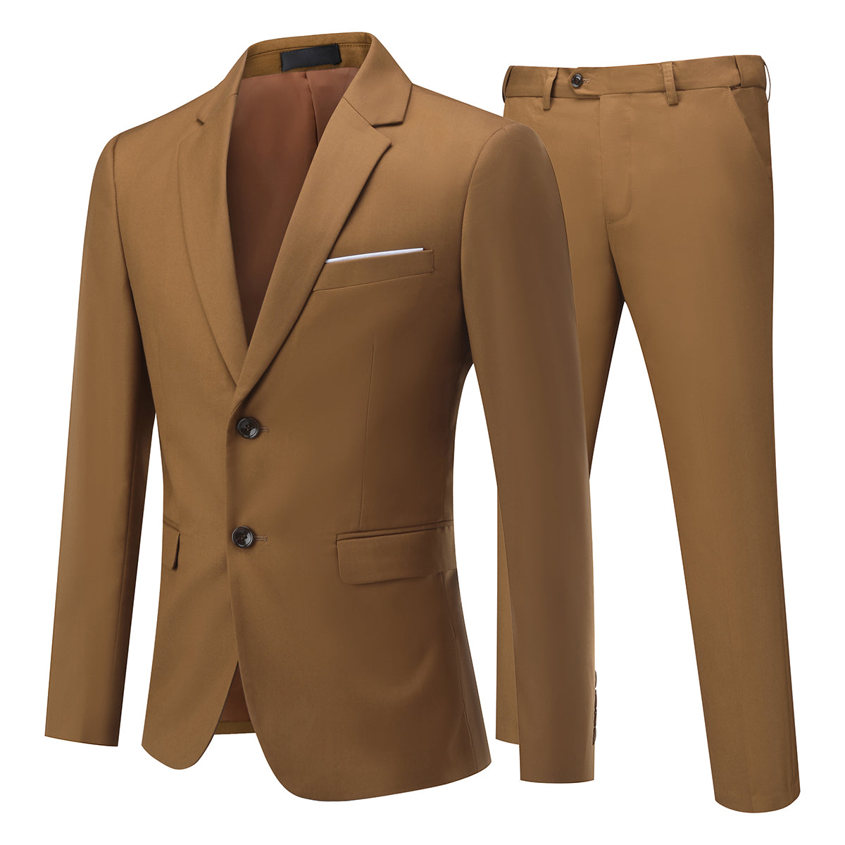 Coffee # Men's slim fit 2-piece suit with two-button closure and notch lapel, solid coffee formal blazer jacket with matching flat-front trousers, versatile business wear for office, wedding, prom and daily occasions, isolated on white background.