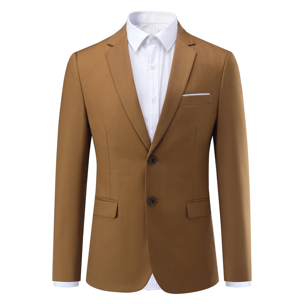 Coffee # Men's slim fit 2-piece suit with two-button closure and notch lapel, solid coffee formal blazer jacket with matching flat-front trousers, versatile business wear for office, wedding, prom and daily occasions, isolated on white background.