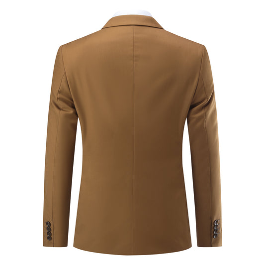 Coffee # Men's slim fit 2-piece suit with two-button closure and notch lapel, solid coffee formal blazer jacket with matching flat-front trousers, versatile business wear for office, wedding, prom and daily occasions, isolated on white background.