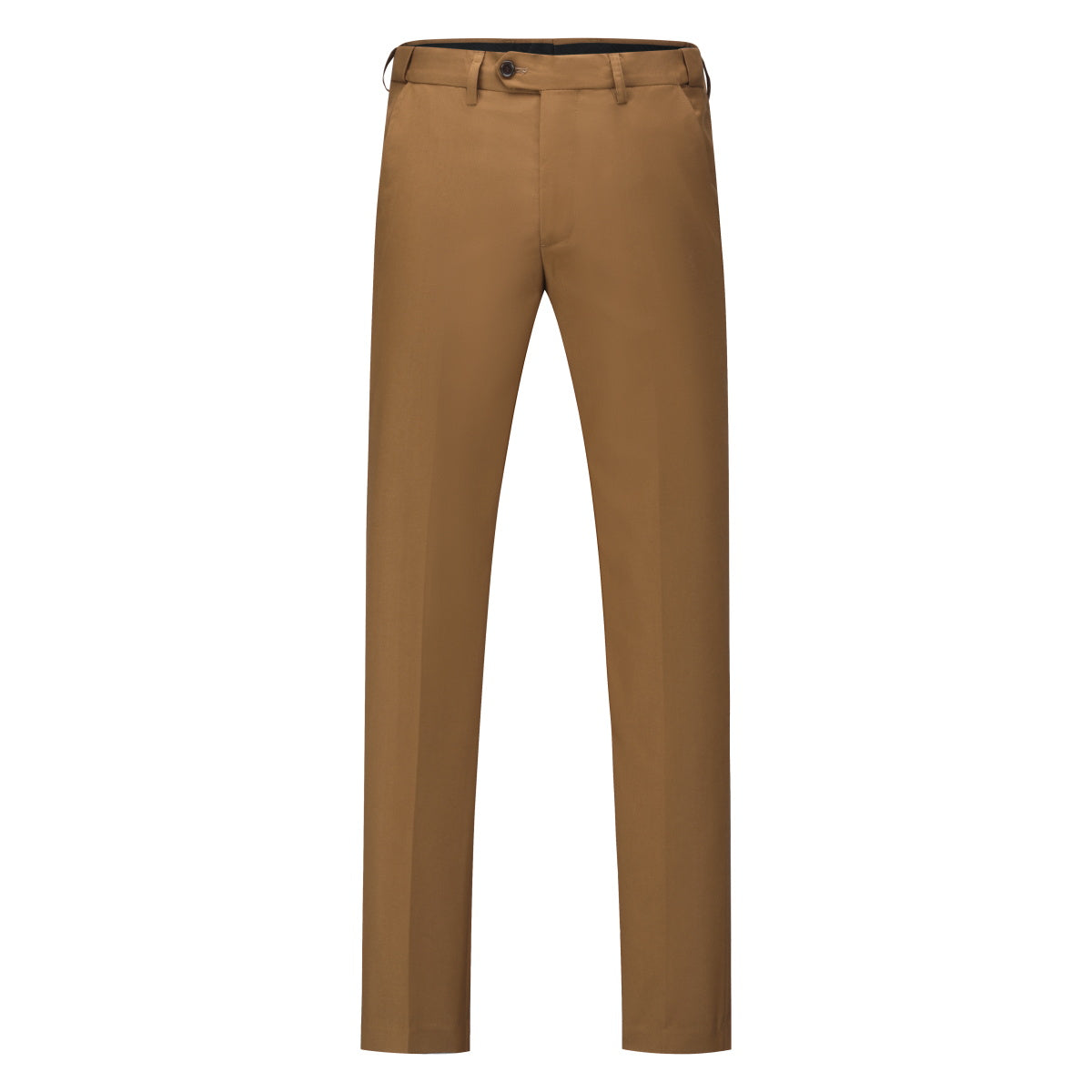 Coffee # Men's slim fit 2-piece suit with two-button closure and notch lapel, solid coffee formal blazer jacket with matching flat-front trousers, versatile business wear for office, wedding, prom and daily occasions, isolated on white background.