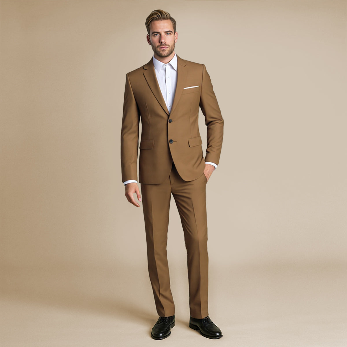 Coffee # Men's slim fit 2-piece suit with two-button closure and notch lapel, solid coffee formal blazer jacket with matching flat-front trousers, versatile business wear for office, wedding, prom and daily occasions, isolated on white background.