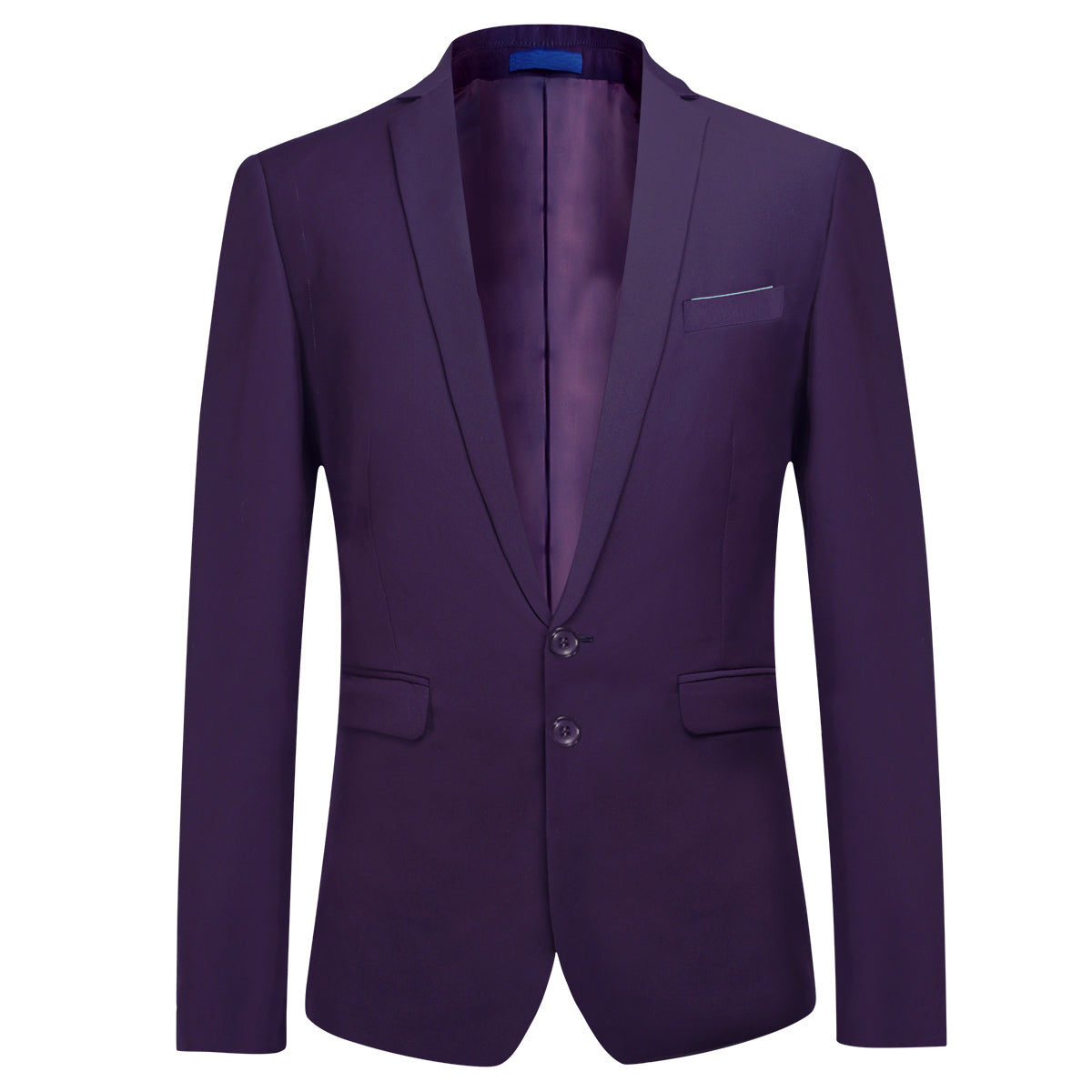 Purple # Men's slim fit 2-piece suit with two-button closure and notch lapel, solid purple formal blazer jacket with matching flat-front trousers, versatile business wear for office, wedding, prom and daily occasions, isolated on white background.