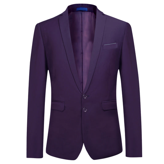 Purple # Men's slim fit 2-piece suit with two-button closure and notch lapel, solid purple formal blazer jacket with matching flat-front trousers, versatile business wear for office, wedding, prom and daily occasions, isolated on white background.