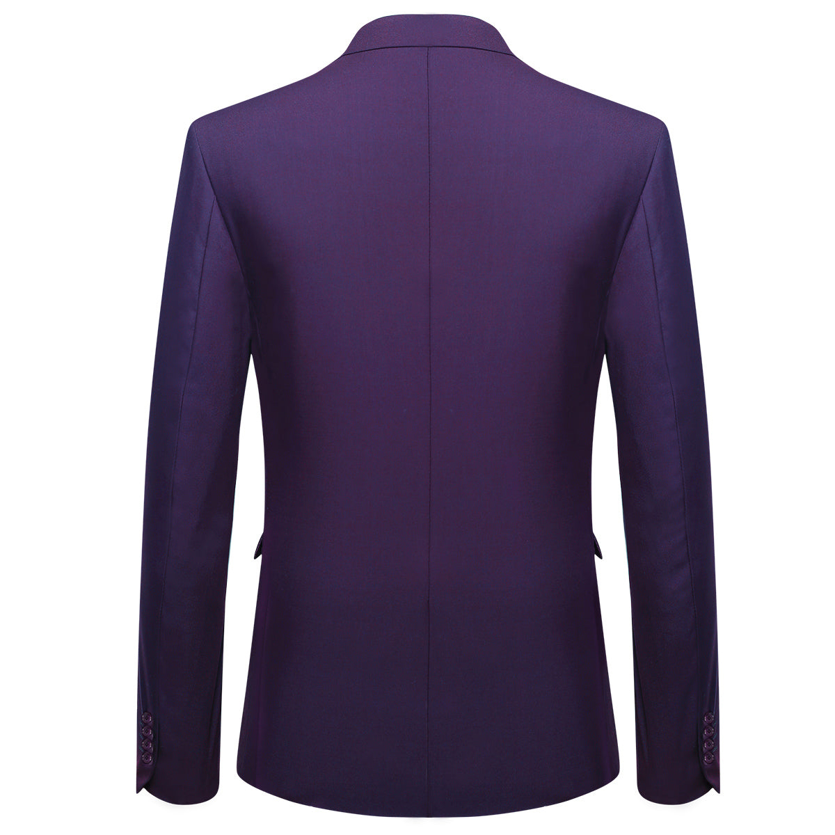 Purple # Men's slim fit 2-piece suit with two-button closure and notch lapel, solid purple formal blazer jacket with matching flat-front trousers, versatile business wear for office, wedding, prom and daily occasions, isolated on white background.