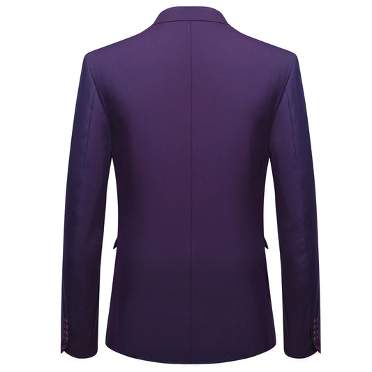 Purple # Men's slim fit 2-piece suit with two-button closure and notch lapel, solid purple formal blazer jacket with matching flat-front trousers, versatile business wear for office, wedding, prom and daily occasions, isolated on white background.