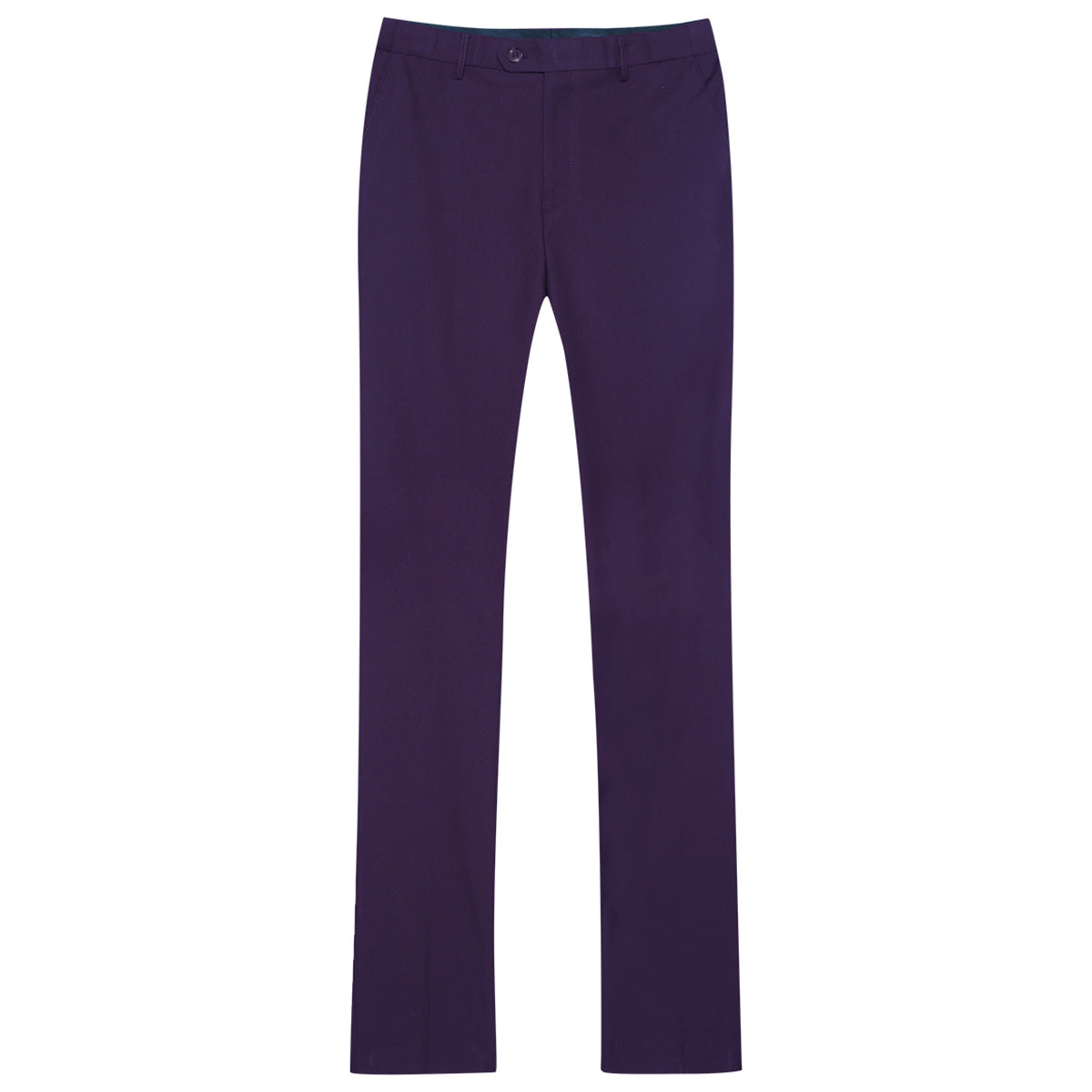 Purple # Men's slim fit 2-piece suit with two-button closure and notch lapel, solid purple formal blazer jacket with matching flat-front trousers, versatile business wear for office, wedding, prom and daily occasions, isolated on white background.